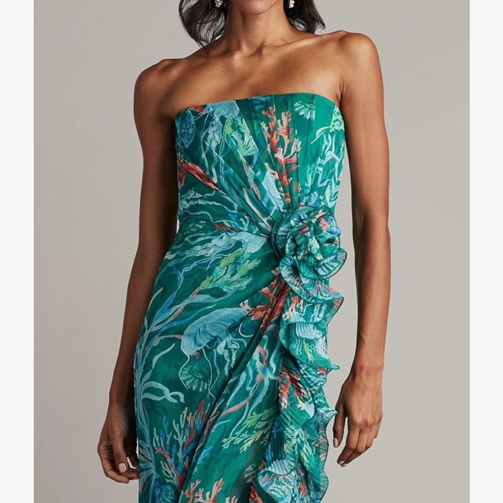 NWT Tadashi Shoji Strapless Pleated Ruffle A-line Gown - Picture 4 of 12